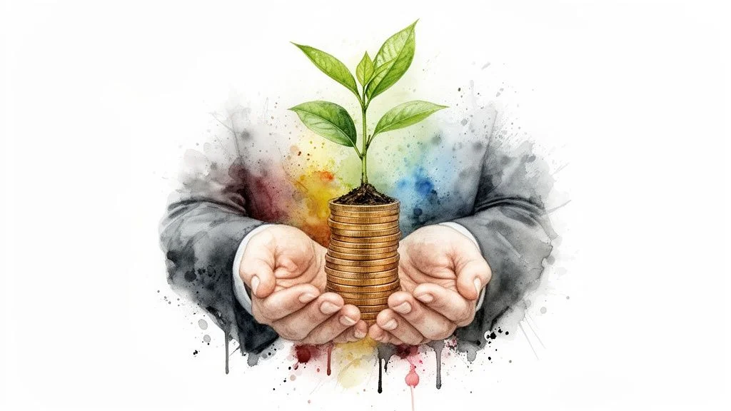 Hands cradle a stack of golden coins with a vibrant green plant sprouting, symbolizing financial growth and investment.