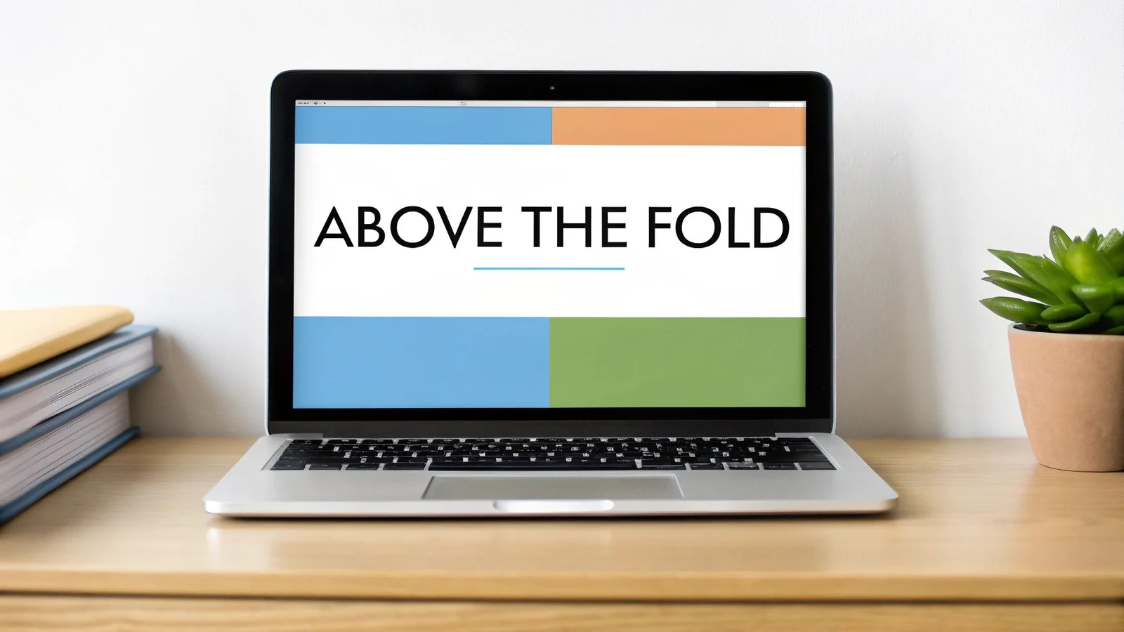 Laptop displaying "ABOVE THE FOLD" text, on a wooden desk with books and a succulent.
