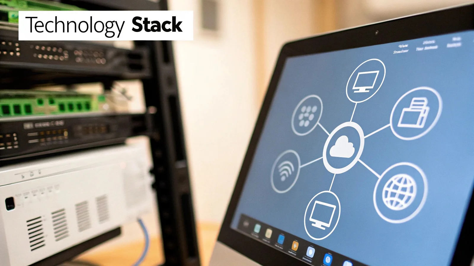 A computer monitor shows a cloud network diagram next to server racks with technology equipment.