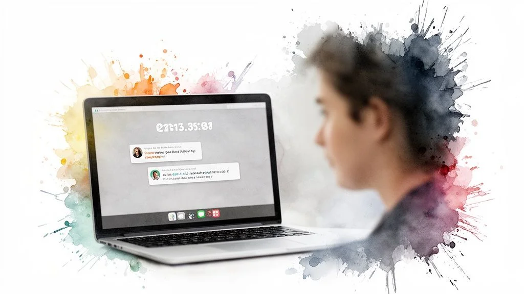 A person views a laptop displaying messages and a timer, surrounded by colorful watercolor splashes.