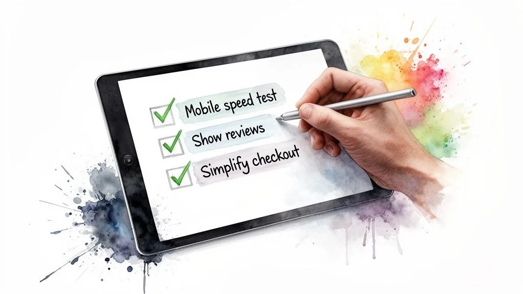 A hand marking completed tasks on a tablet checklist for website optimization, showing "Mobile speed test", "Show reviews", and "Simplify checkout".