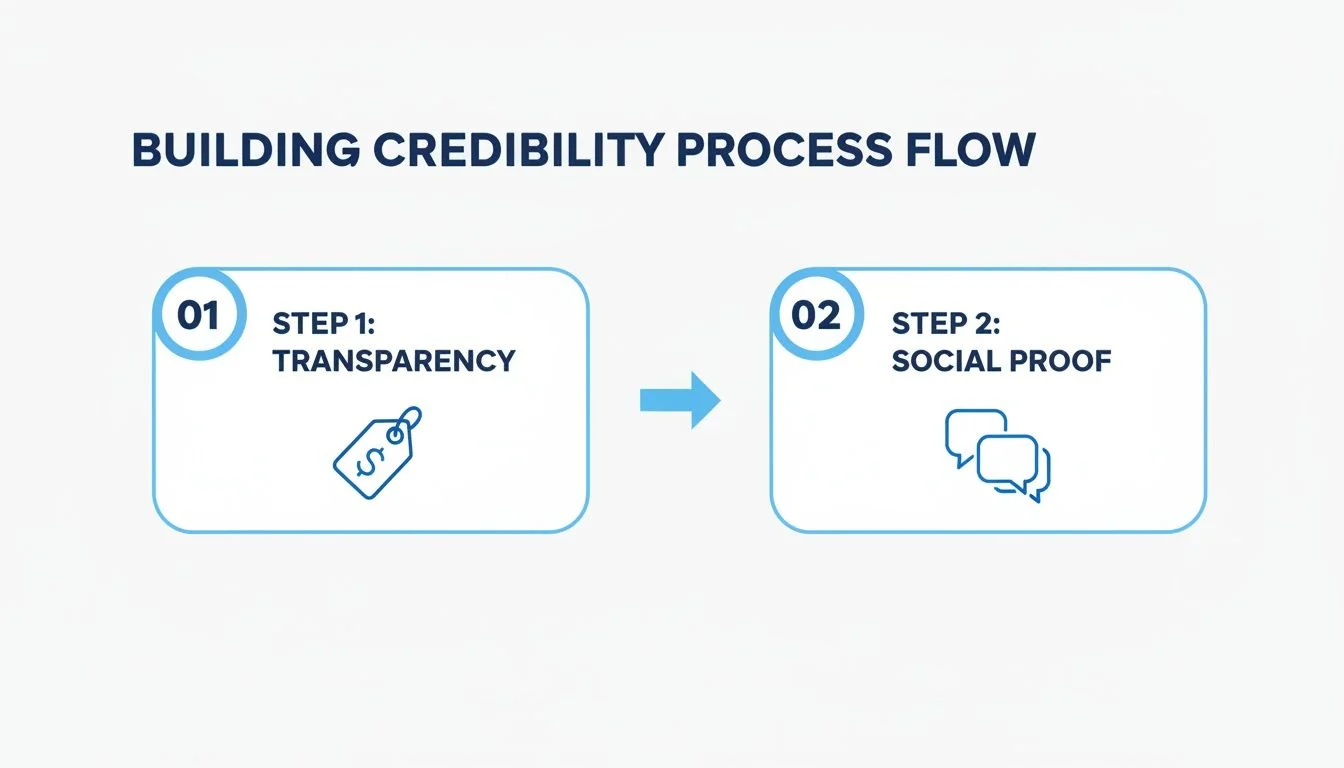 A two-step process flow for building credibility with transparency and social proof.