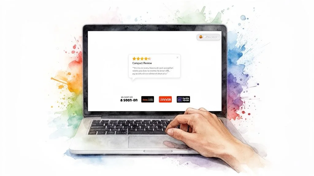 A laptop screen displaying a 5-star customer review and 'as seen on' logos, with a hand typing on the keyboard.