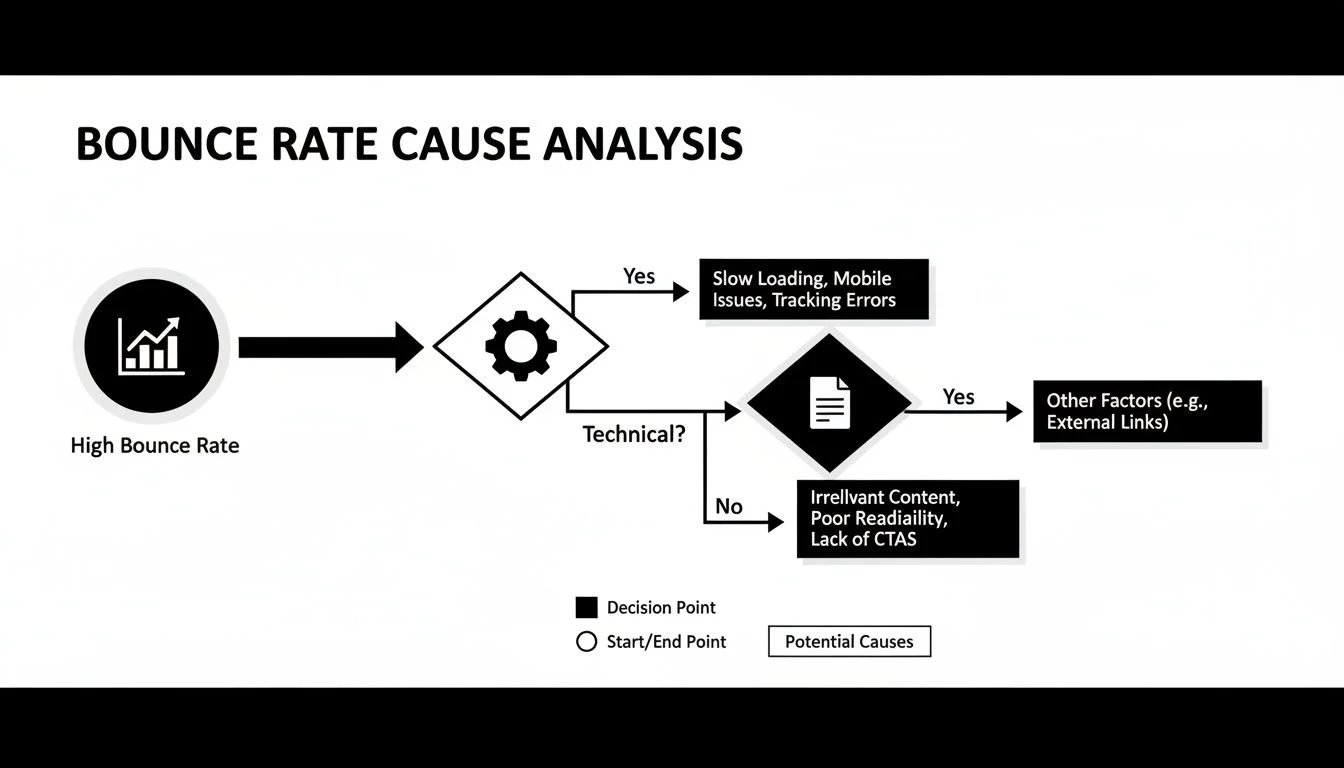 Flowchart analyzing high bounce rate causes, identifying technical issues, content problems, and other factors.