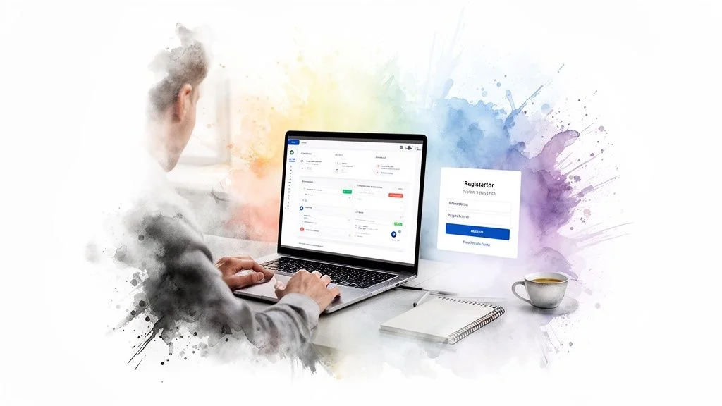 A person working on a laptop with a colorful watercolor background, featuring a software interface and a 'Registrator' card.