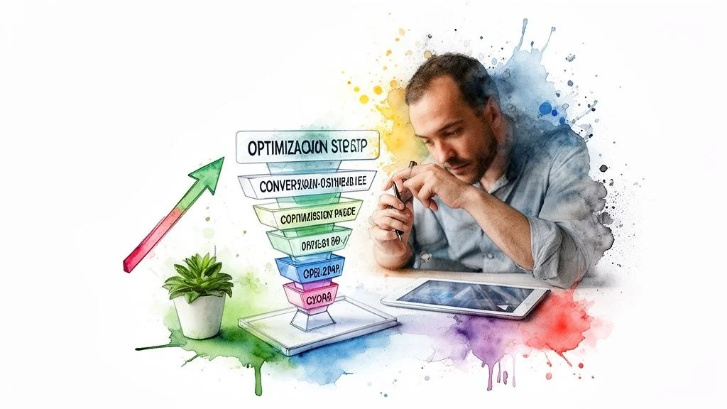 Man analyzing a watercolor sales funnel with optimization strategy steps and a digital tablet.