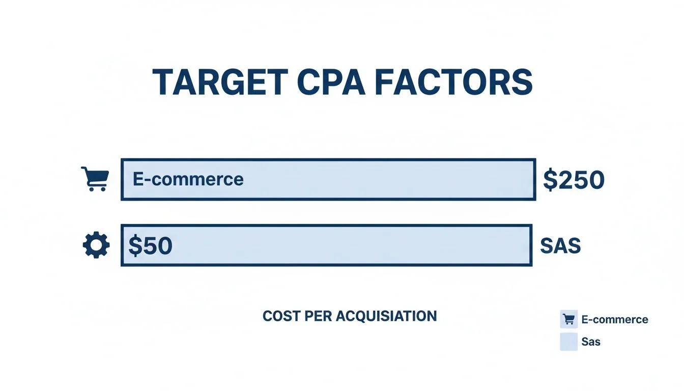 Infographic showing target CPA factors: E-commerce is $250, and SAS is $50.