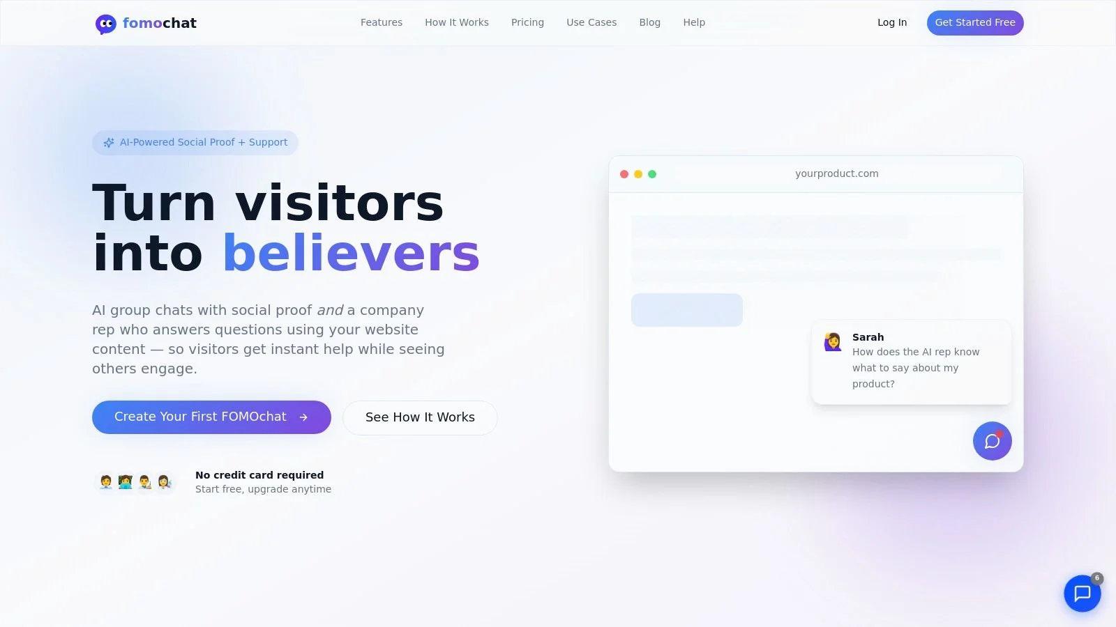 FOMOchat's AI-powered social proof chat widget showing a multi-person conversation on a website.
