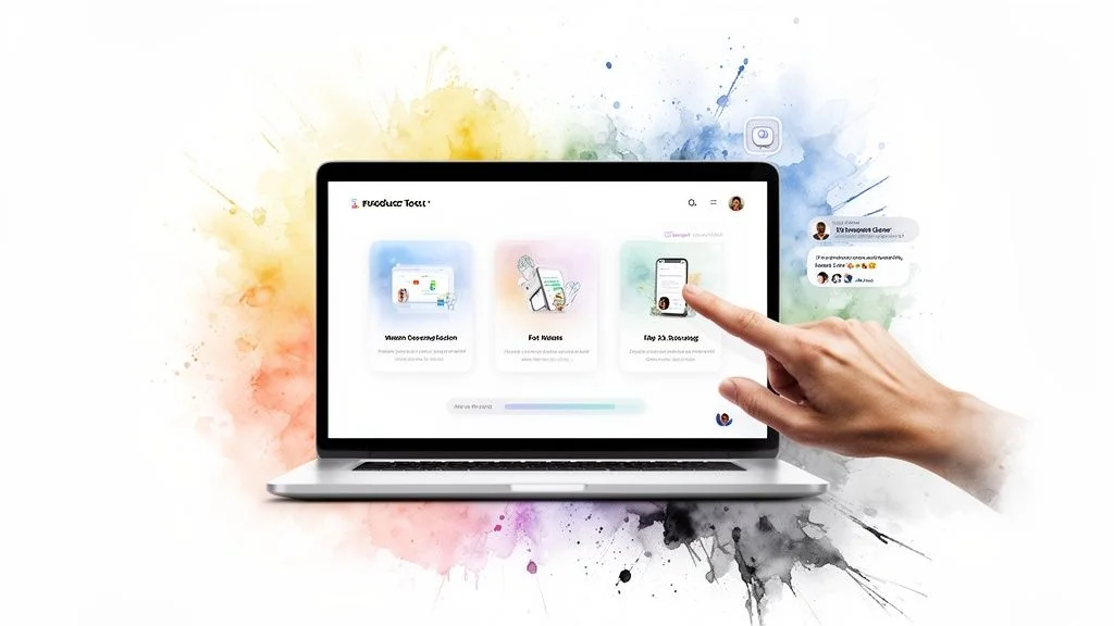 A hand interacts with a laptop displaying a vibrant digital platform with mobile integration.