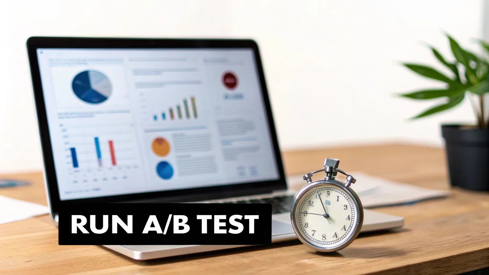 A laptop displaying data analytics charts and graphs, a stopwatch, and a plant on a wooden desk, with 'RUN A/B TEST' overlay.