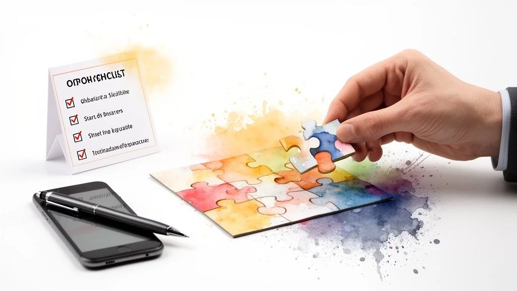 A hand adds the final piece to a vibrant watercolor puzzle next to a completed checklist and smartphone.