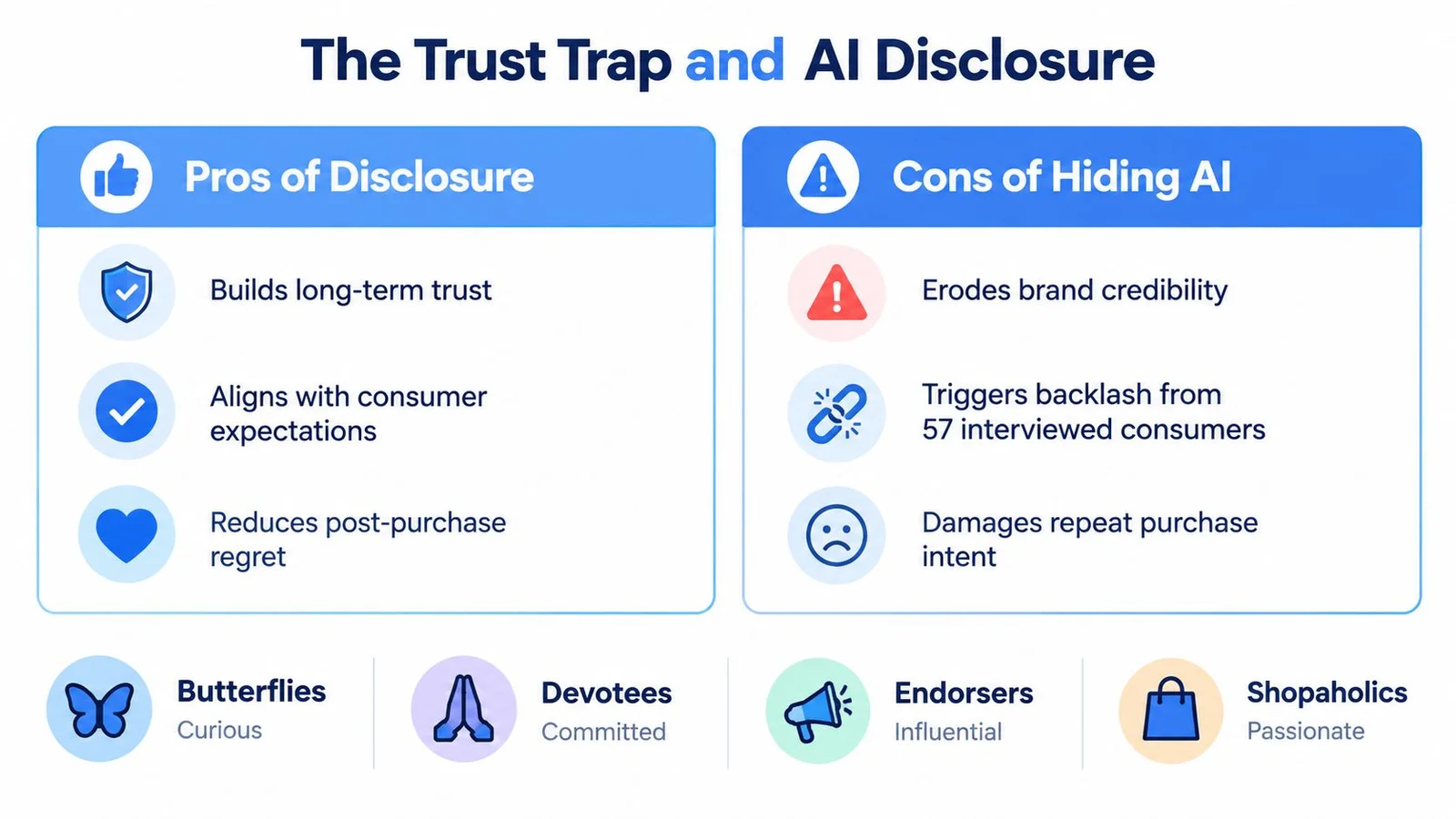 Chart comparing pros of AI disclosure with cons of hiding AI.