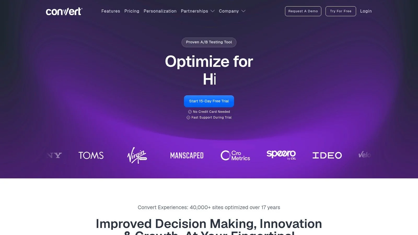 Website landing page with 'Optimize for Hi' and company logos.