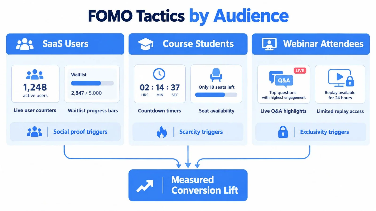 Infographic on FOMO tactics for SaaS, courses, webinars, showing conversion lift.