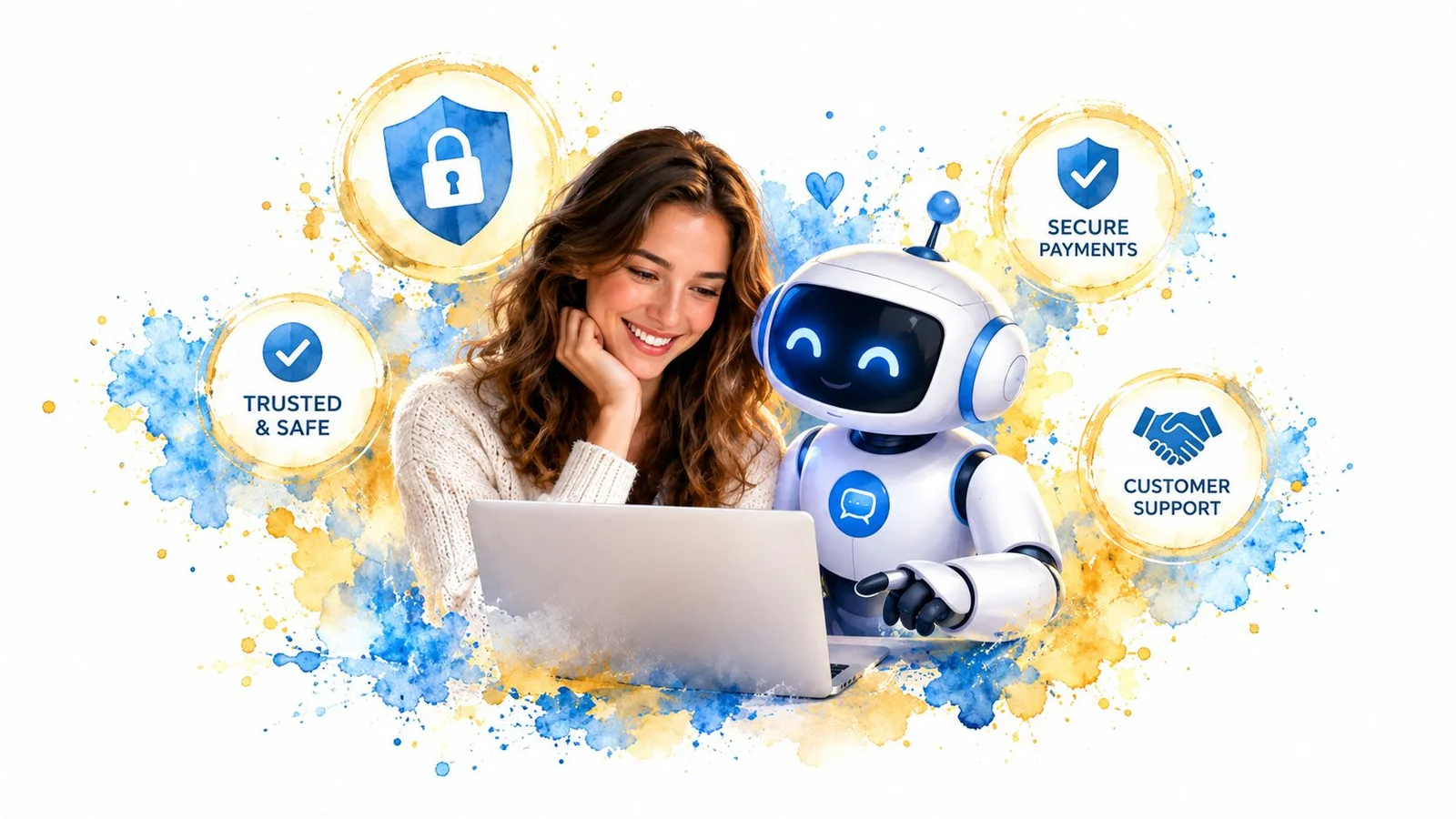 Woman and robot with laptop, security icons.