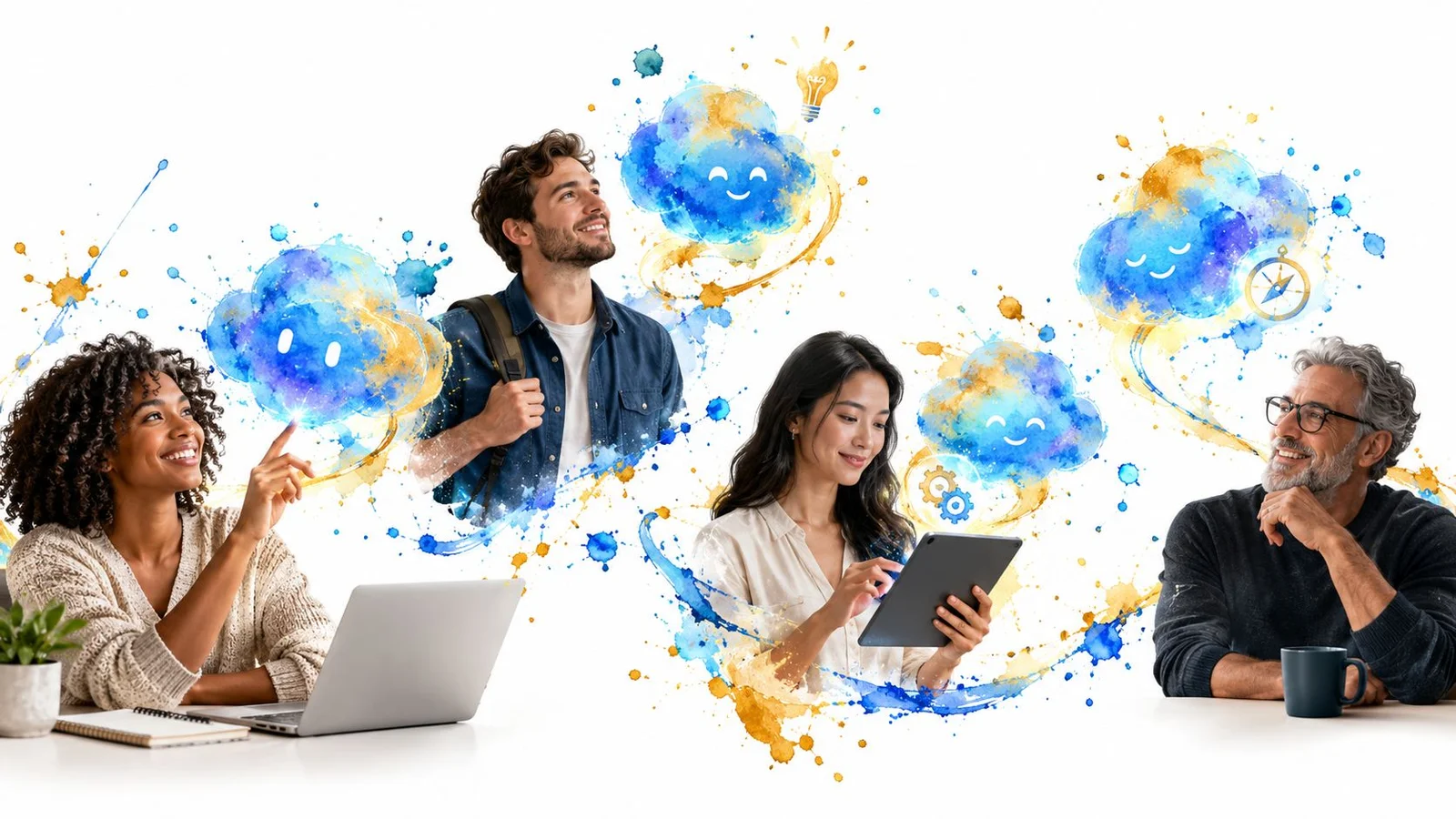 People collaborating with colorful abstract art around them.
