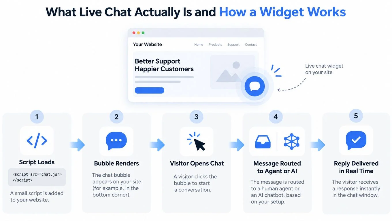 Flowchart showing live chat widget process in five steps.