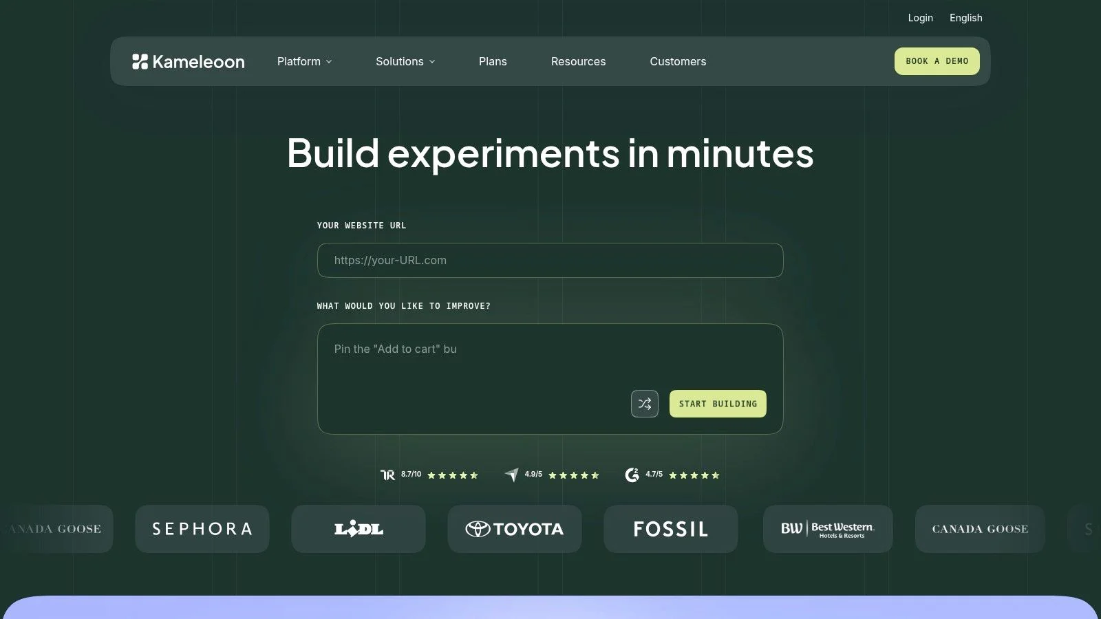 Kameleoon webpage for building experiments with brand logos.