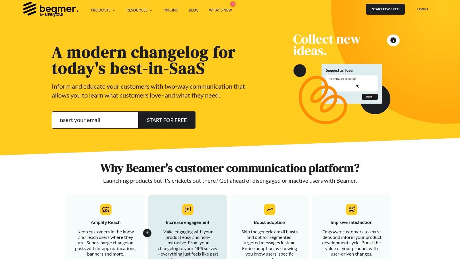 Beamer SaaS changelog webpage with yellow and white design.
