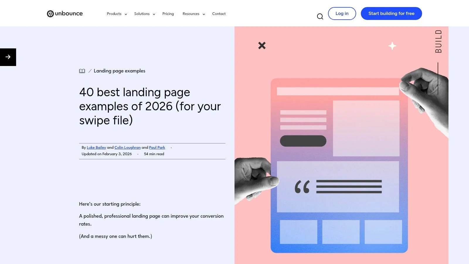 Split-screen of landing page examples and illustration of a webpage design.