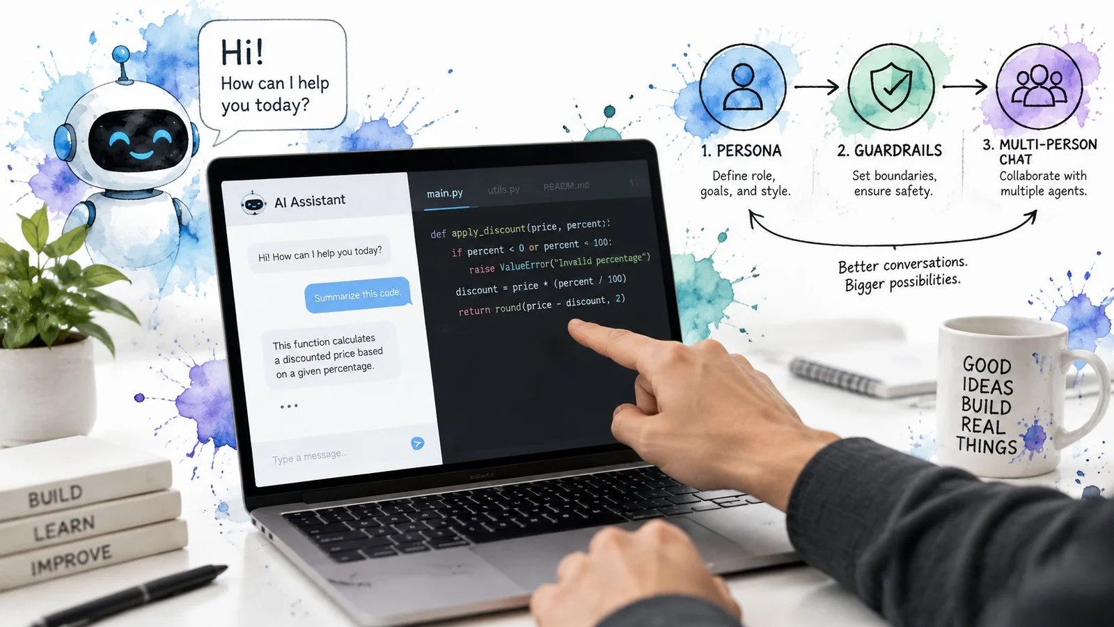 Person using AI assistant on laptop with code and chat interface.