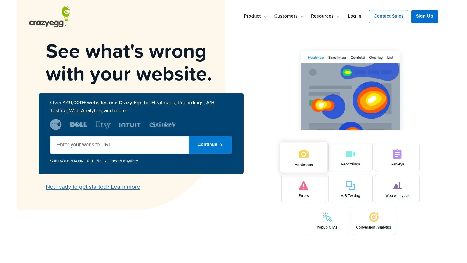 Crazy Egg website screenshot showing heatmap tool and URL entry.