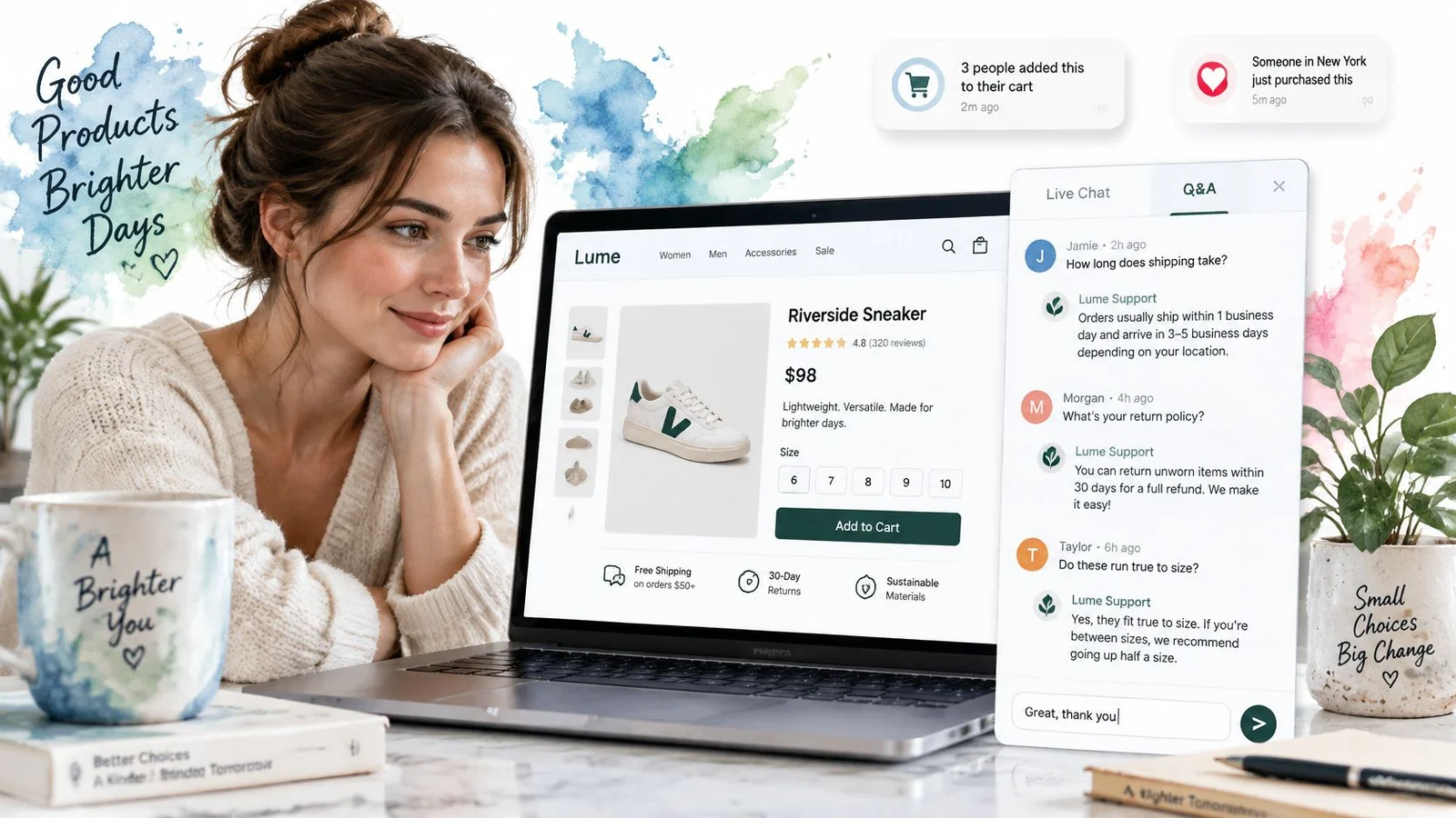 Woman browsing online store for sneakers on a laptop.