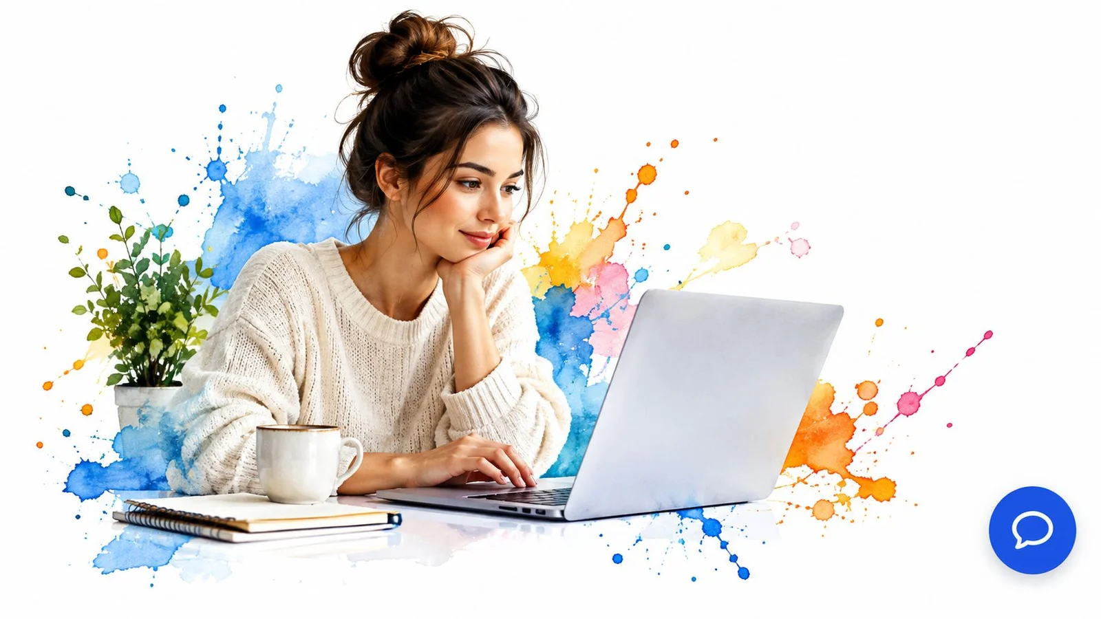 Woman in sweater using laptop with watercolor background.