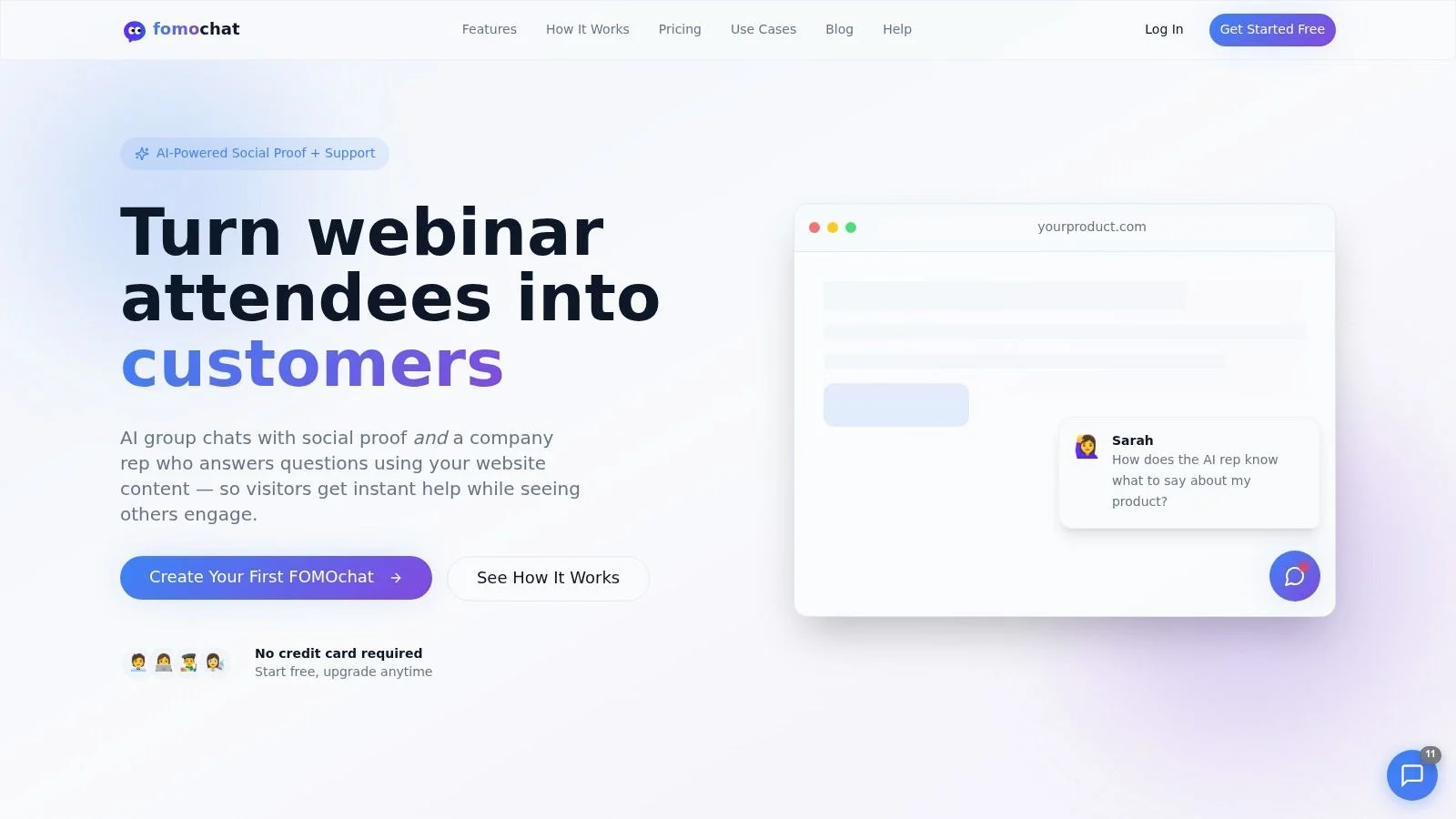 Landing page promoting fomo.chat for converting webinar attendees into customers.