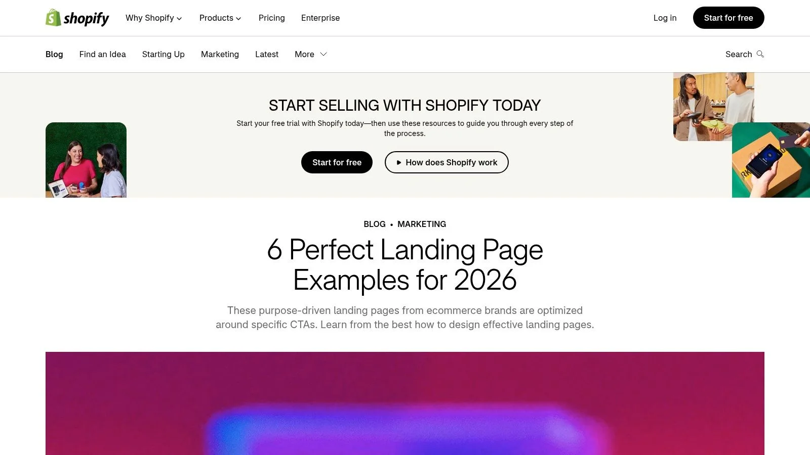 Shopify blog page about landing page examples for 2026.