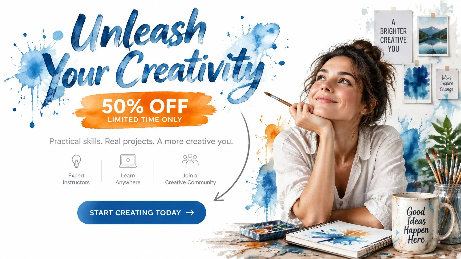 Woman with art supplies, promoting creative workshop with 50% off offer.