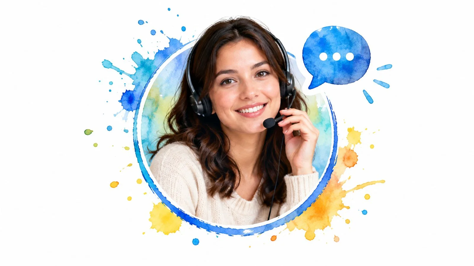 Woman with headset and speech bubble, watercolor style.