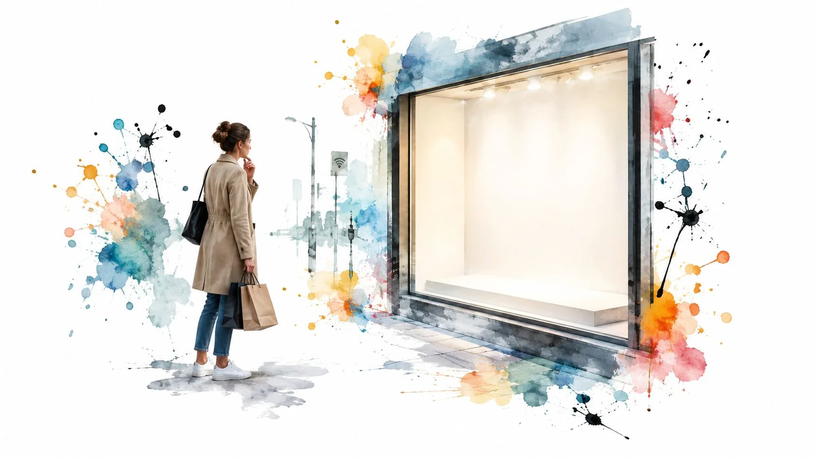 Woman with shopping bag at empty store window, watercolor style.