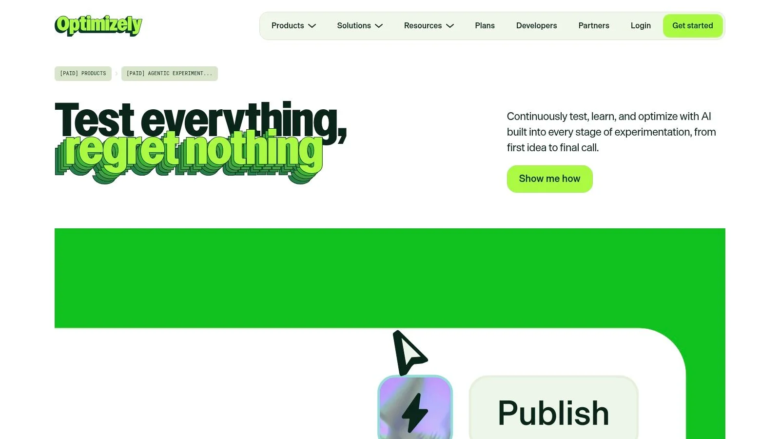 Optimizely website with slogan 'Test everything, regret nothing'.