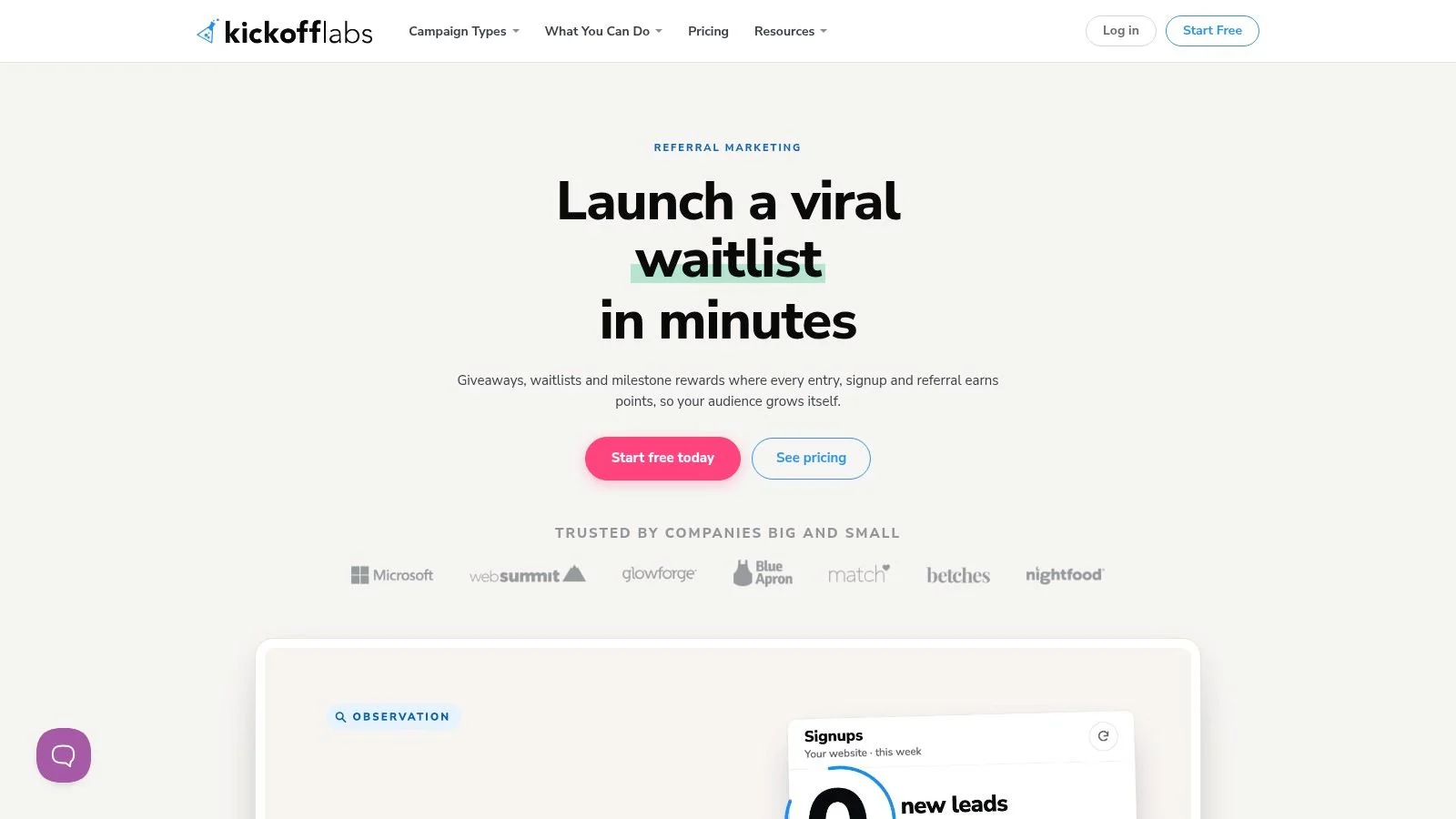 Kickofflabs landing page promoting viral waitlists.
