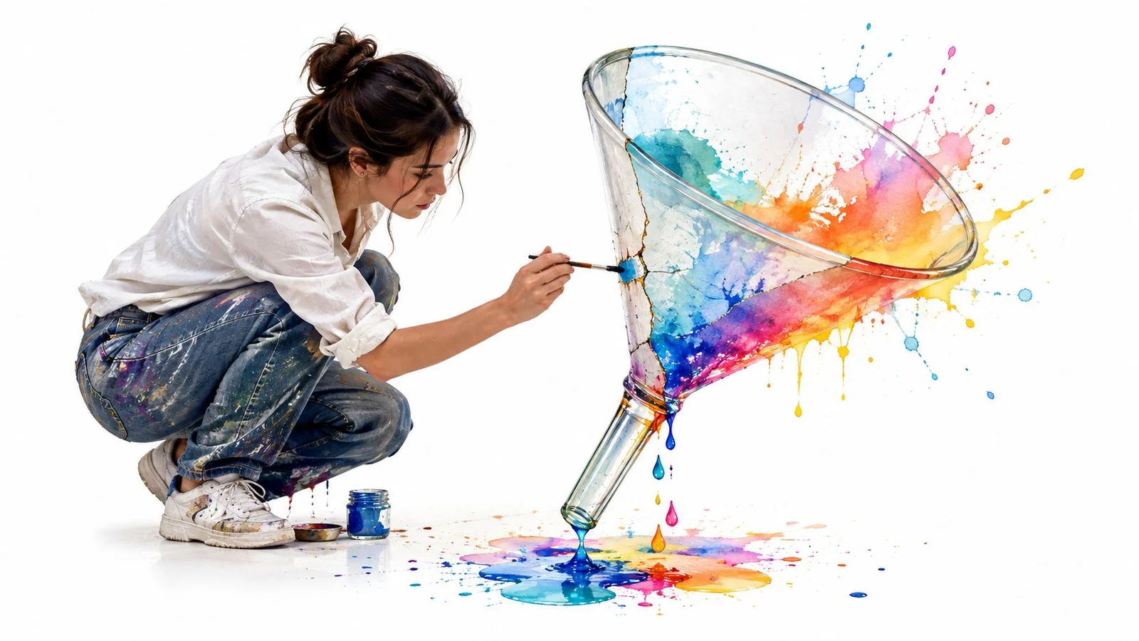Woman painting a colorful funnel with splashes.