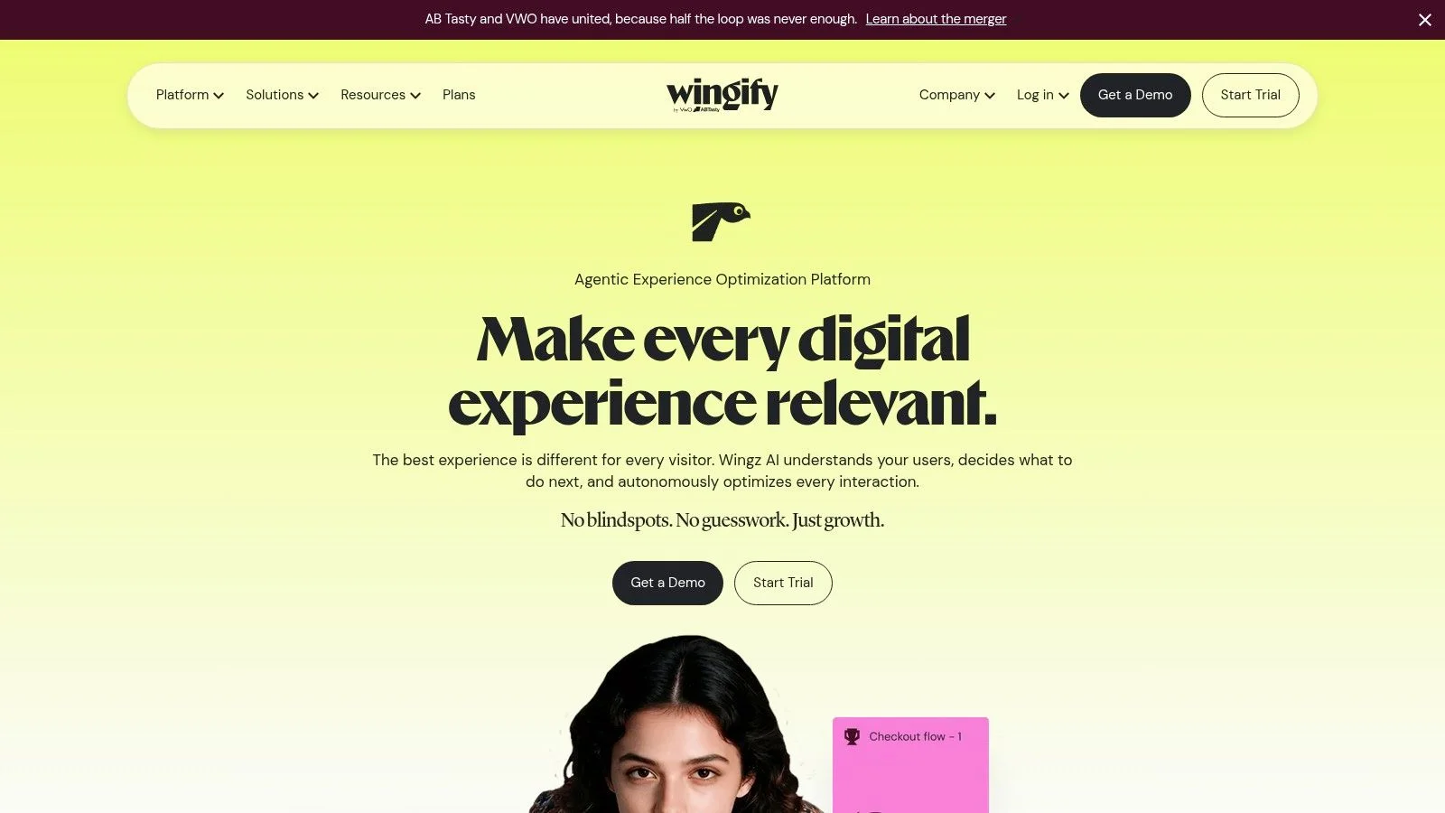 Wingify landing page with promotional text and call-to-action buttons.
