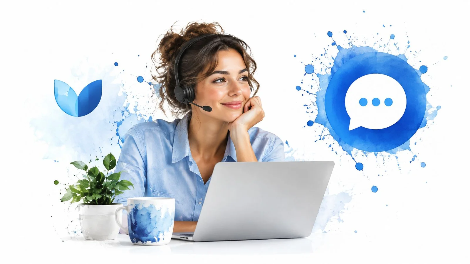 Woman with headset at laptop, watercolor graphics.