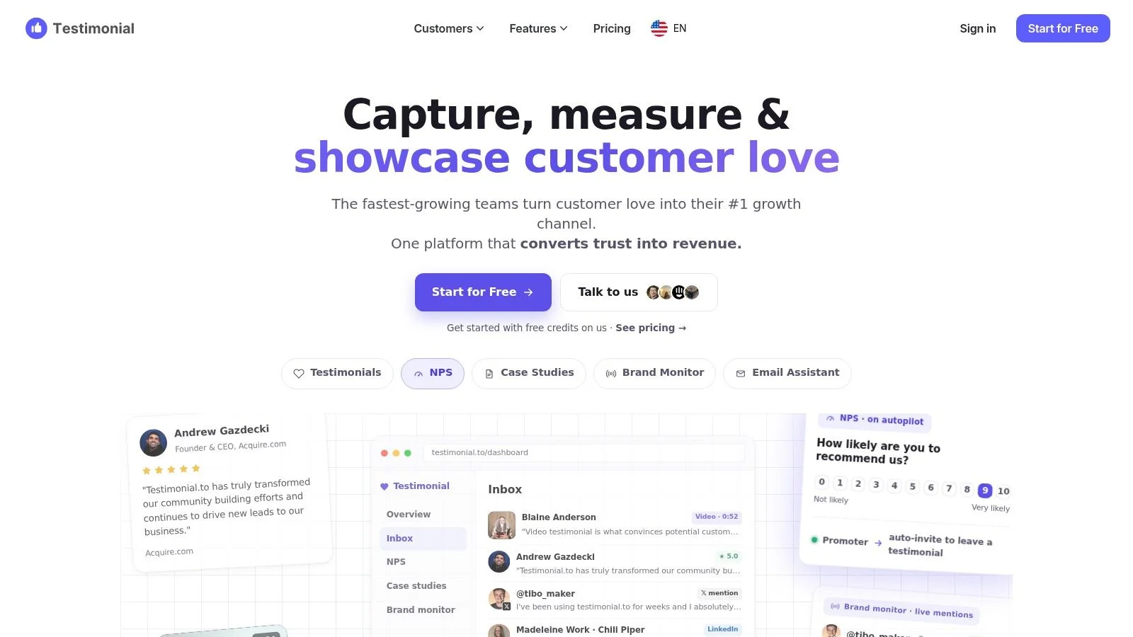 Website homepage for customer testimonial platform with headline and call-to-action button.