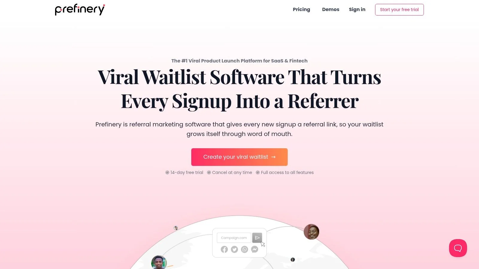 Prefinery webpage promoting viral waitlist software with signup CTA.