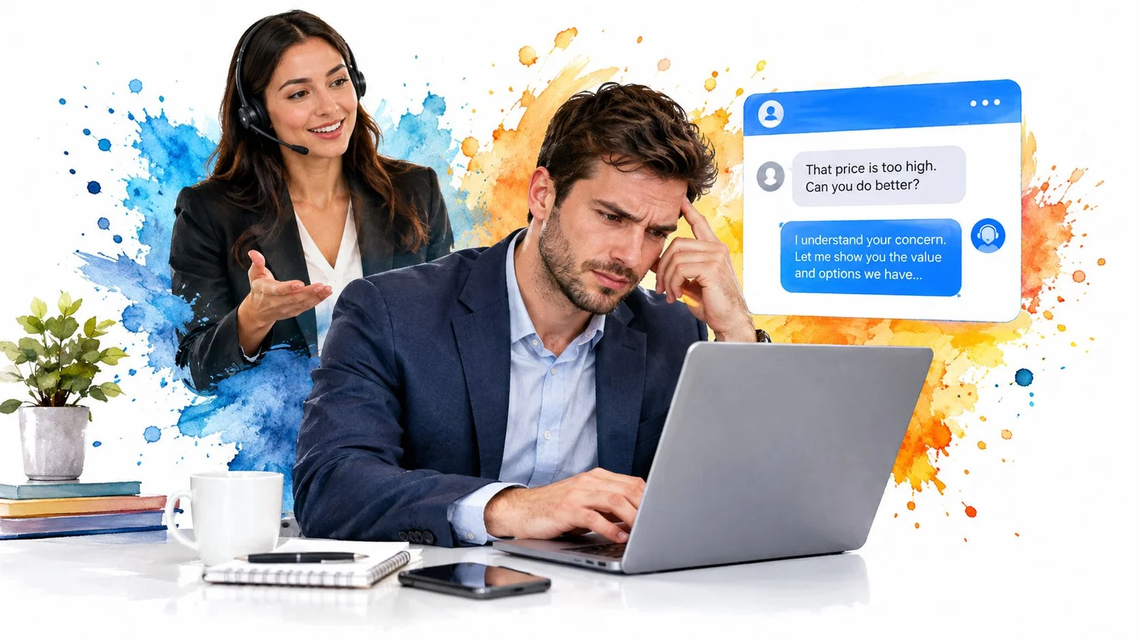 Man at laptop with chat bubble, woman gesturing behind.