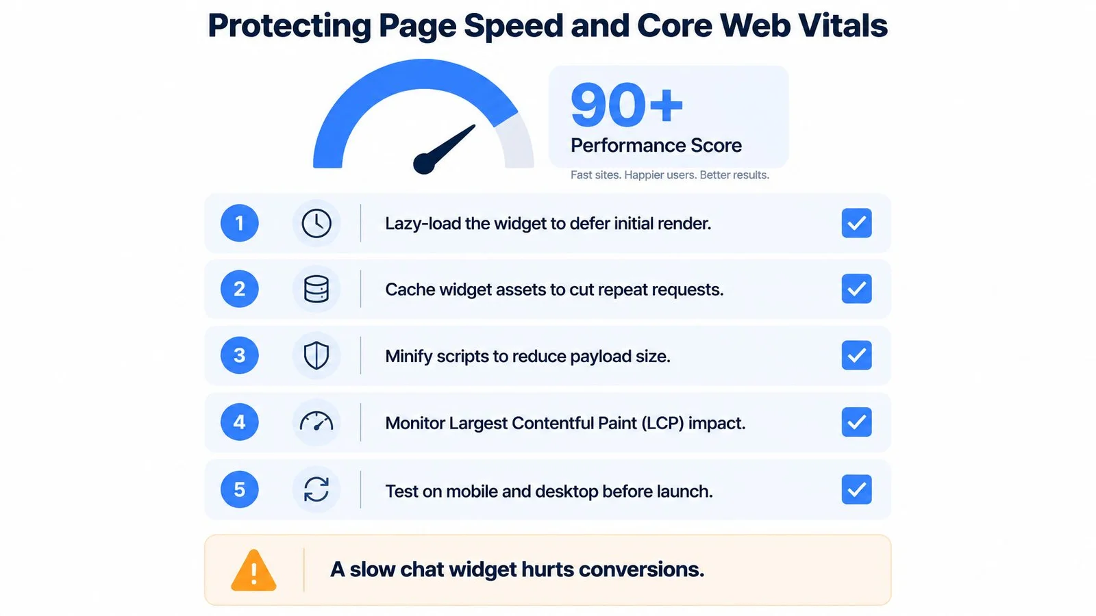 Infographic on improving page speed with a 90+ performance score gauge.
