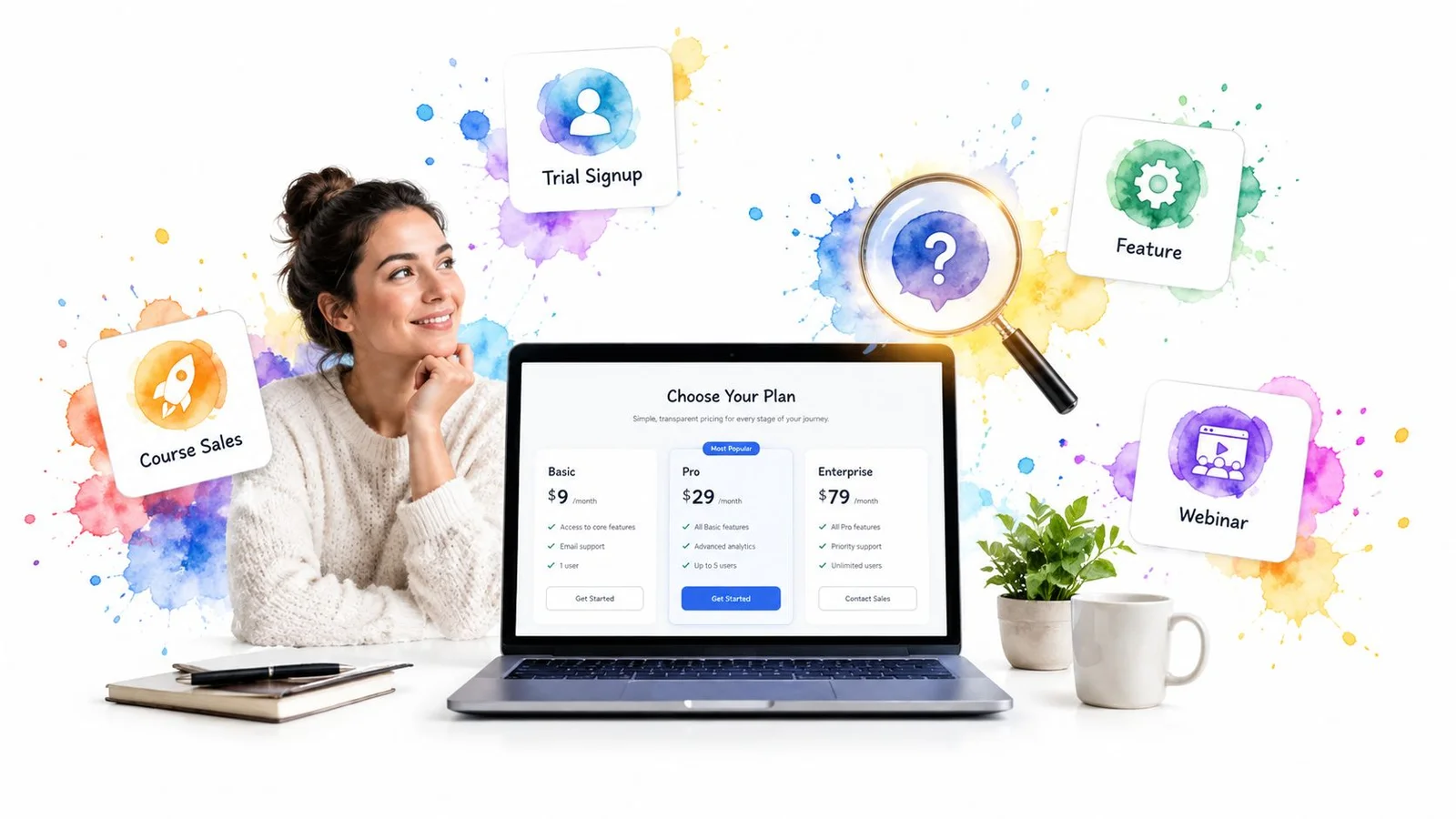 Woman at desk with laptop showing pricing plans and colorful business icons.