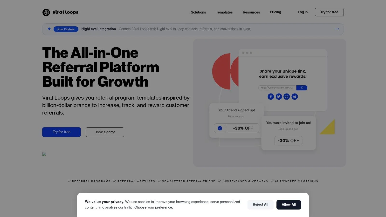 Webpage for Viral Loops referral platform with growth-focused headline and UI mockup.