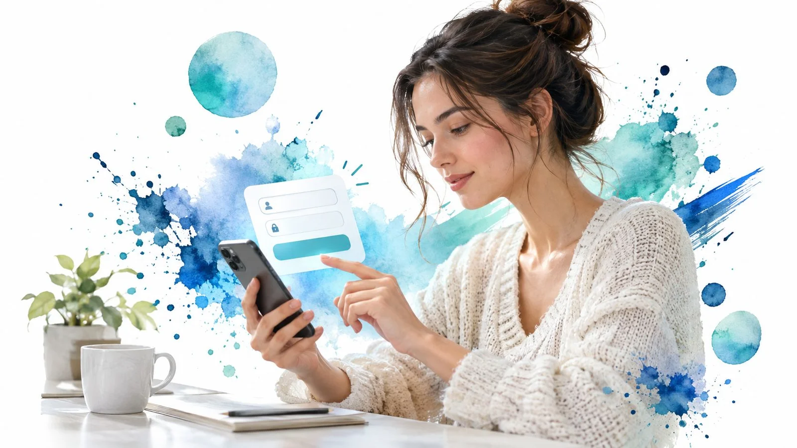 Woman using smartphone with watercolor background.