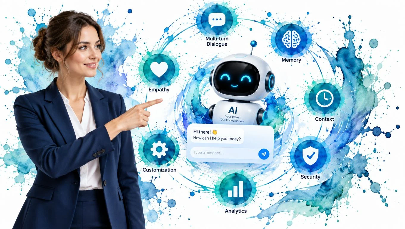 Woman pointing at AI robot with digital interface and capability icons.