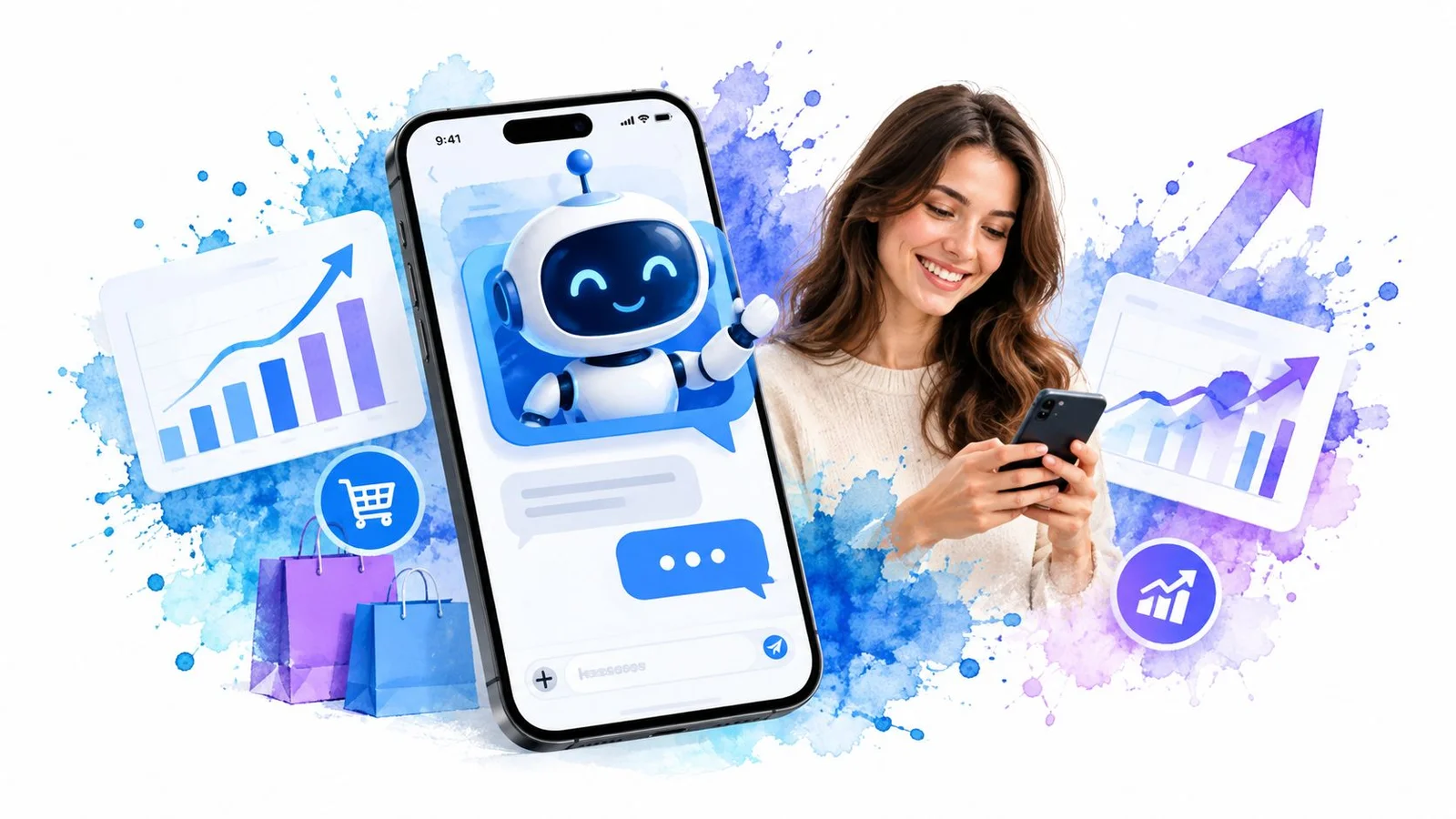 Woman using phone with chatbot and shopping graphics.