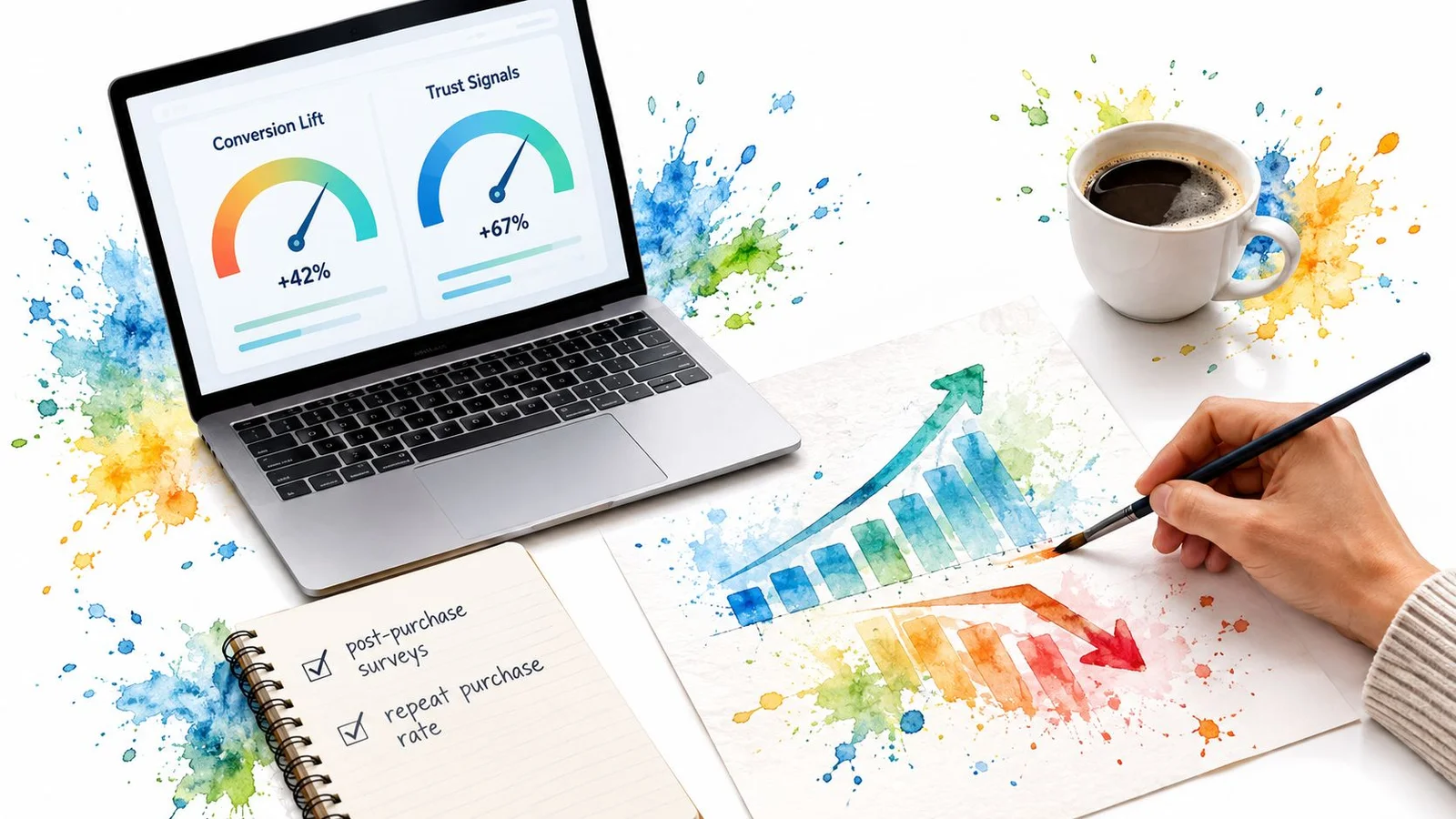 Laptop with charts, hand painting graph, coffee cup, and notebook.