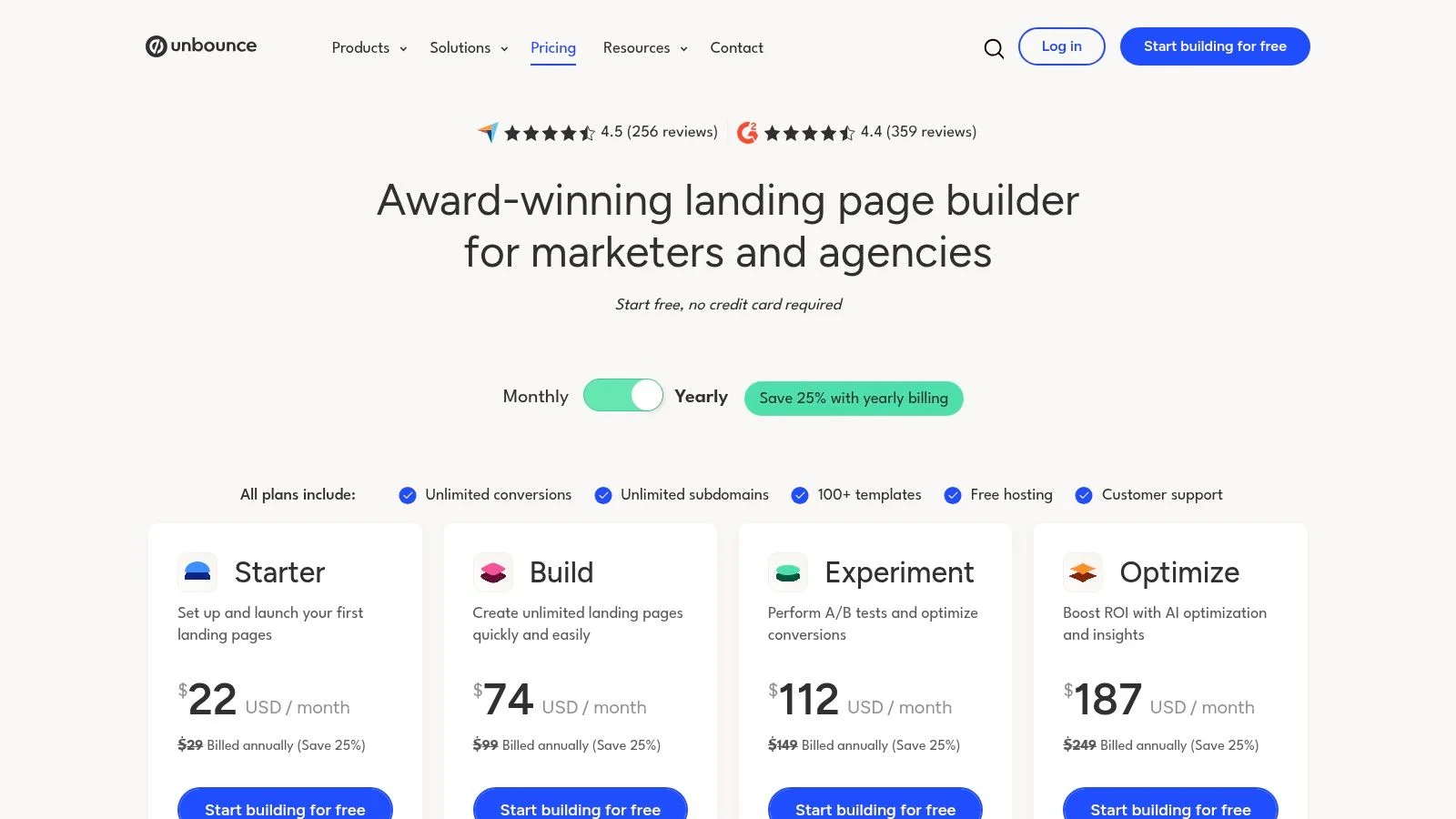 Pricing page for landing page builder with four plans and user ratings.