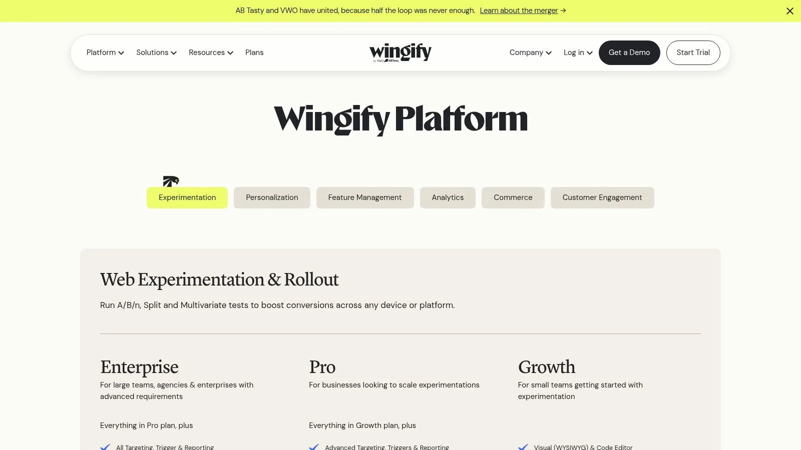 Wingify Platform webpage with service plans and features.